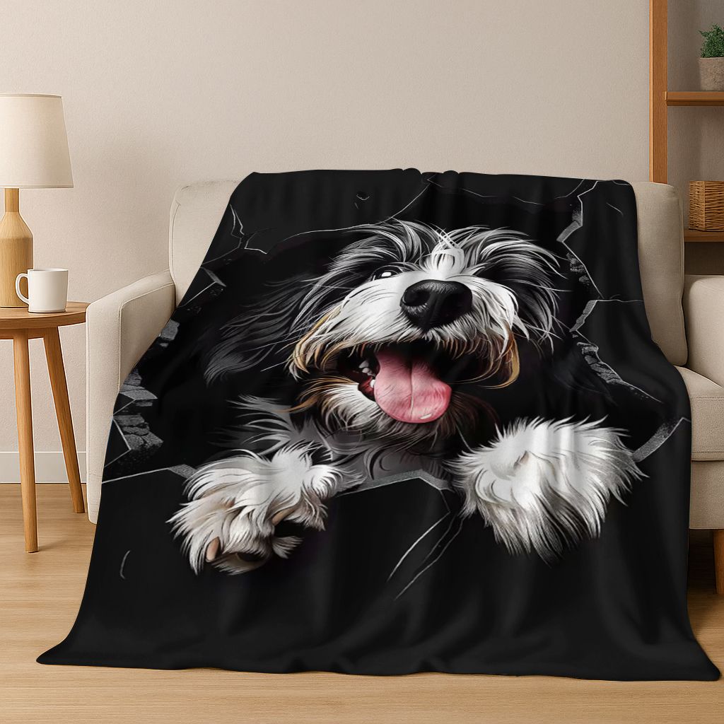 3D Illusion durchbrechende Wand Hund Welpe Niedliche Flanelldecke, Gemütliche Weiche Überwurfdecke für Zuhause Schlafzimmer Bett Sofa Picknick Abdeckung Geschenk Kind