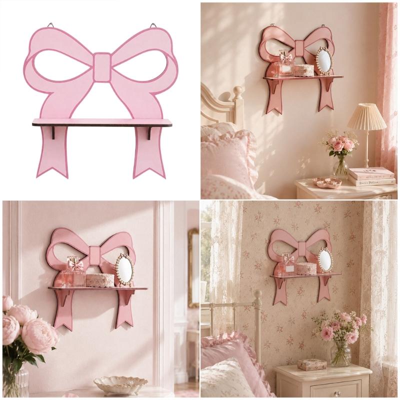 Hanging Wall Shelf for Decors, Pink Bows Wooden Display Shelf for Small Items, Wall Mounted Accent Shelf for Bedroom and Vanity Area
