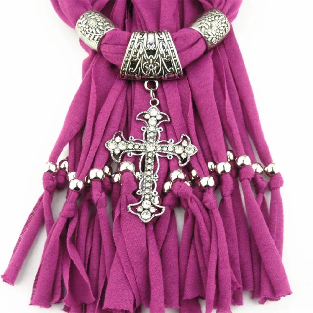 Women Fringe Scarf Polyester with Cross Charm Fashion Accessories Scarf