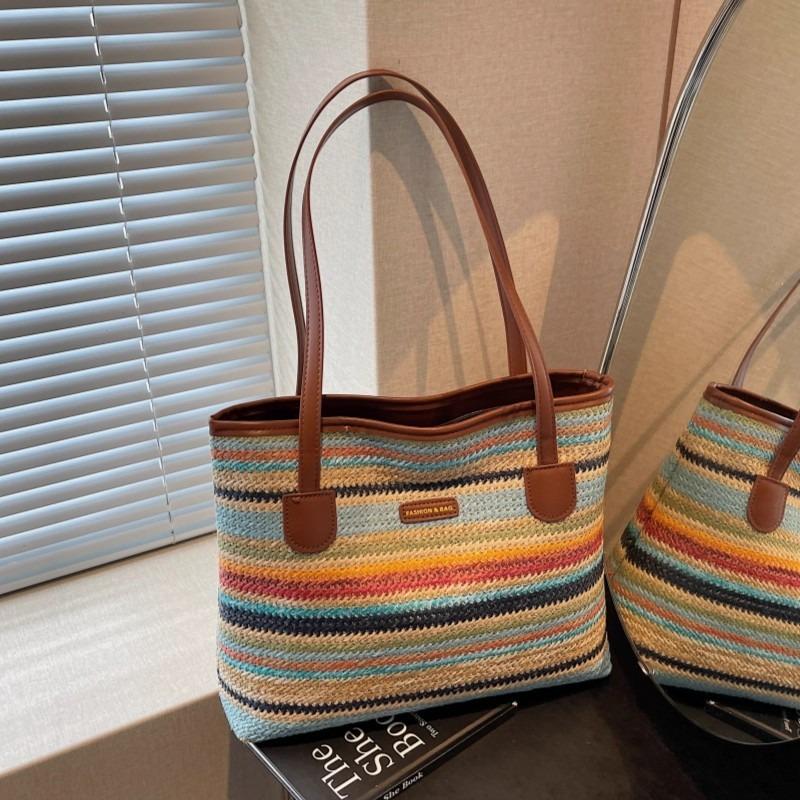 Summer large-capacity rainbow straw bag women's new fashionable versatile shoulder underarm bag portable tote bag