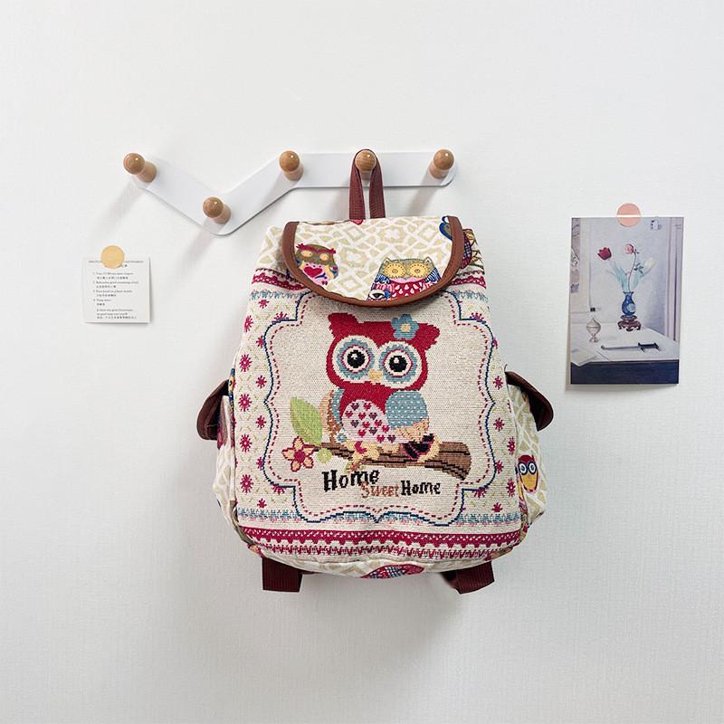 Owl Canvas Backpack With Drawstring Closure For Casual Daily Use