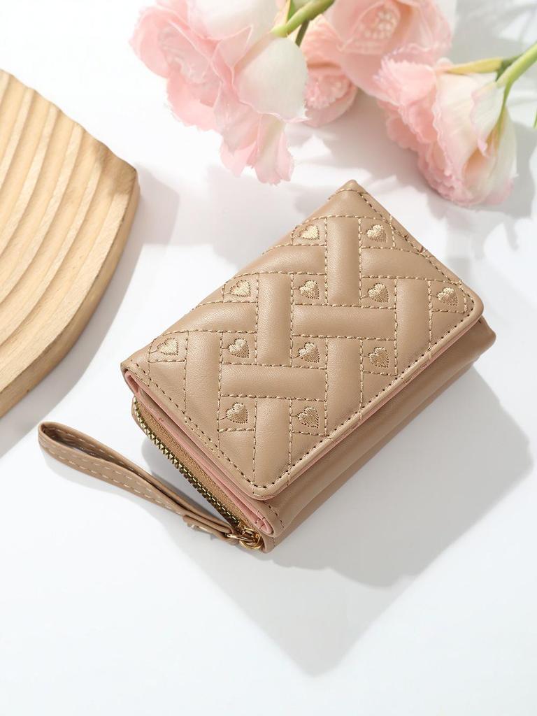 Dámská výšivka srdce PU trojdílná peněženka: Krátká peněženka s více sloty na karty & Držák na karty v jednom