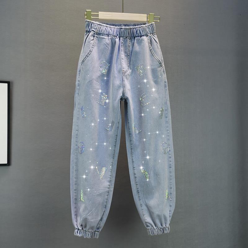 LAOHU Hoge Taille Jeans Zomer Losse Elastische Taille Geperste Diamant Broek Dames Casual Denim Broek XXXL blauw