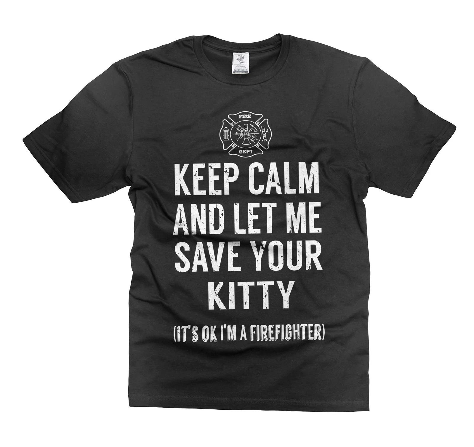Mens Funny Shirt Let Me Save your kitty shirt I m a firefighter funny shirt L
