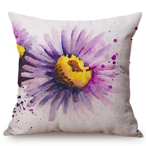 Watercolor Red Flower Splatter Art Sofa Decorative Throw Pillow Case Violet Green Leaves Yellow Petal Cotton Linen Cushion Cover