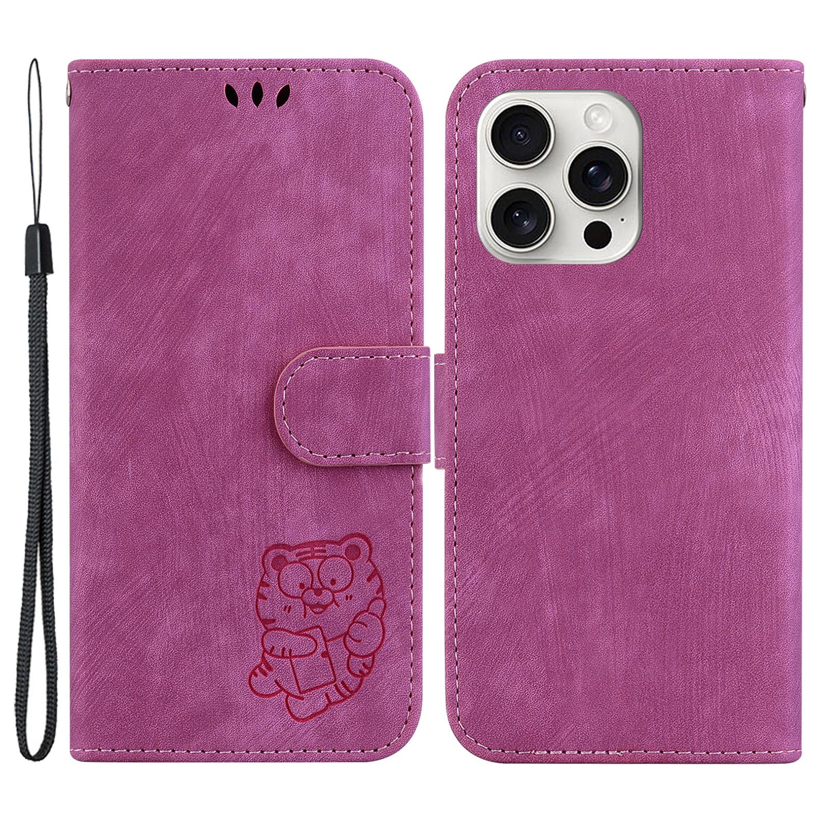 

For iPhone 16 Pro Stand Case Cute Tiger Imprint Leather Wallet Phone Cover Rose