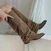 Suede Tall Boots Fall New Pointed Toe Belt Buckle Tassel Soft Sole Non-Slip Block Heel Boots