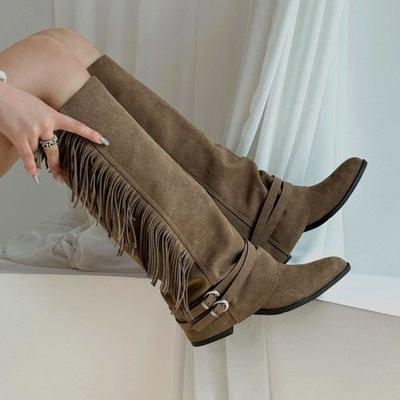 Suede Tall Boots Fall New Pointed Toe Belt Buckle Tassel Soft Sole Non-Slip Block Heel Boots