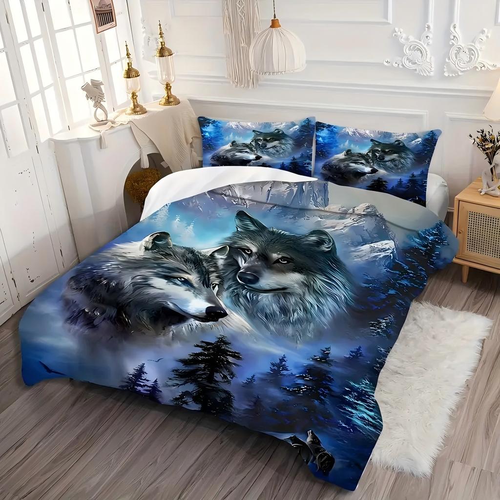 Snow Mountain Wolf Pattern 3D Printed Duvet Cover Set Wildlife Style Bedding Set Soft Comfortable Luxury Quilt Cover Pillowcases