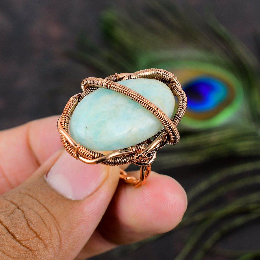 Natural Amazonite Gemstone Handmade Copper Wire Wrap Gift Ring Size 8 Z8Y72