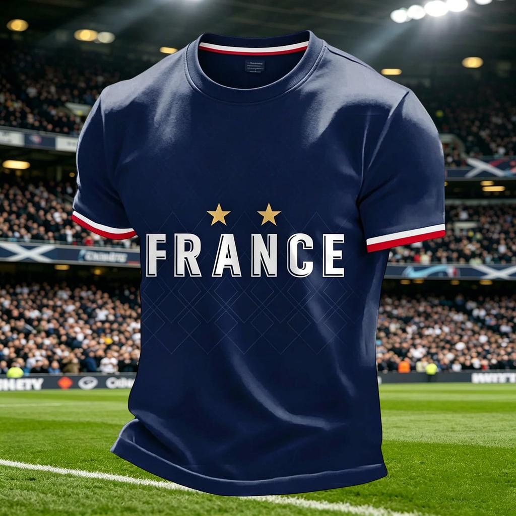 Men Crew Neck Short Sleeve Pullover T Shirt with Football Print Casual Fit Top for Sports and Fans France Theme