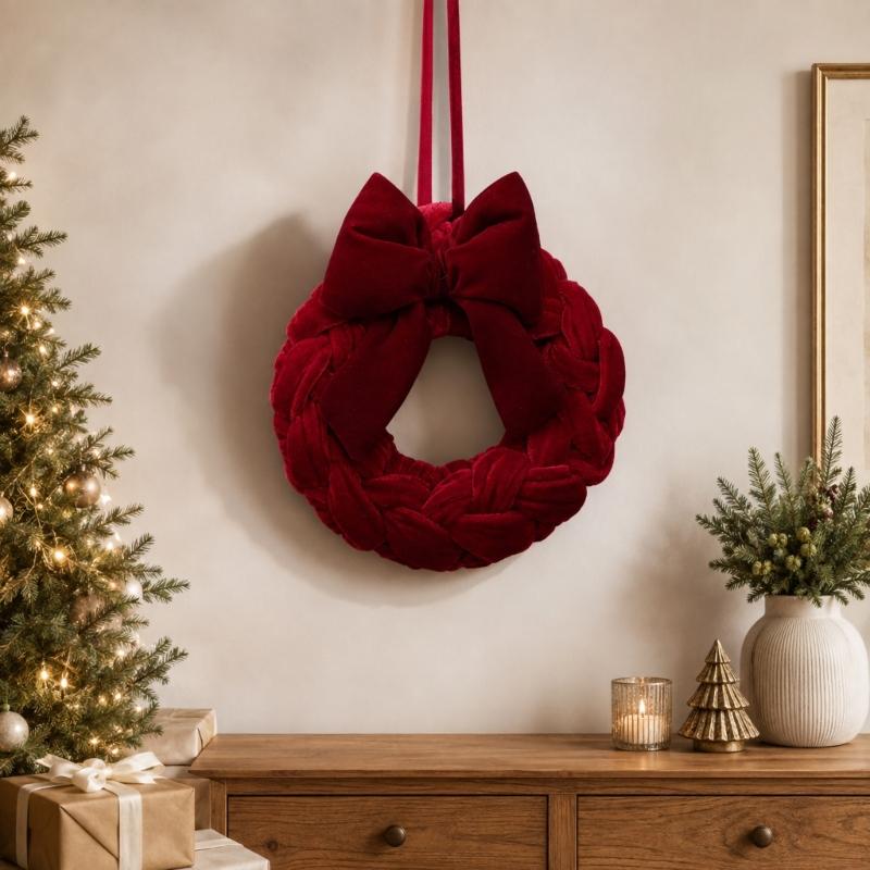 Stoffschleifen-Kranz für Weihnachten, handbezogen, weinrote runde Feiertagsdekoration, benötigt kein Werkzeug, für Astgabeln und Türknäufe
