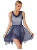 Women Glittery Draped Neck Sleeveless Dance Dress See Through Asymmetrical Hem Performance Gown