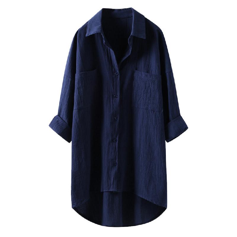 2026 Lente en Herfst Nieuw Dames Casual Stijl Effen Kleur Shirt Katoen Linnen Vest met Dubbele Zakken Lange Mouw Top