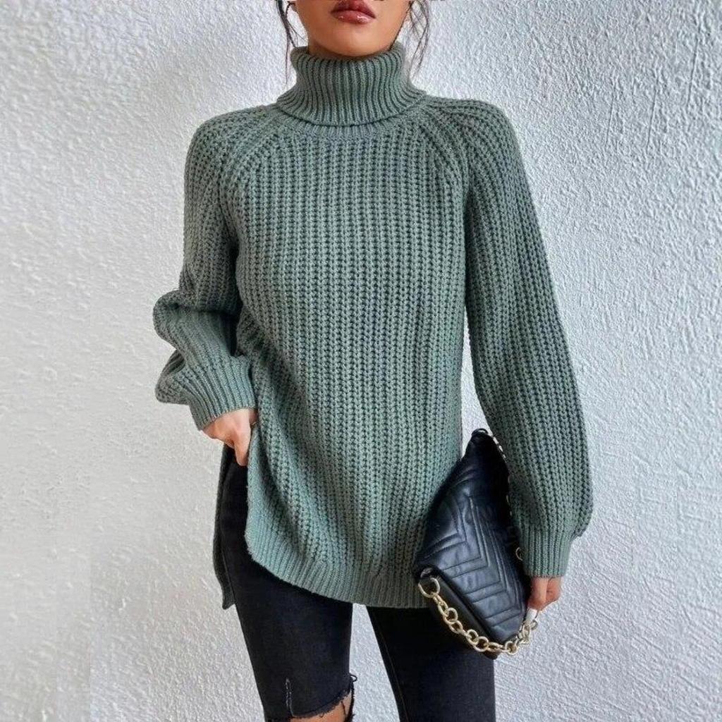 Autumn/Winter Soft Knitwear Fashion Raglan Long Sleeve Turtleneck Split Sweater Casual Warm Solid Mid-length Pullover