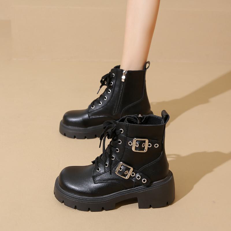 Fashion Fashion Metal Buckle Platform Non-slip Wear-resistant Mid-leg Boots Autumn New Round Toe Zip Block Heel Shoes