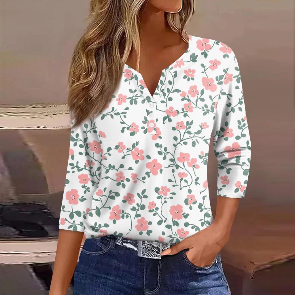 Women's T Shirt Tee Print Button 3/4 Sleeve Daily Weekend Fashion Basic V- Neck Regular Top