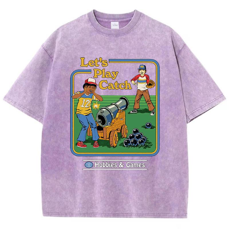 Let's Play Catch Print Damen Wasch-T-Shirt Sommer O-Ausschnitt T-Shirts Street Distressed Kleidung Atmungsaktiv Weich Kurzarm