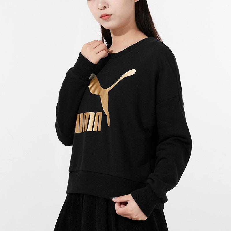 (WMNS) PUMA Classics Logo Printing Round-neck Swea Black Women's 531382-66