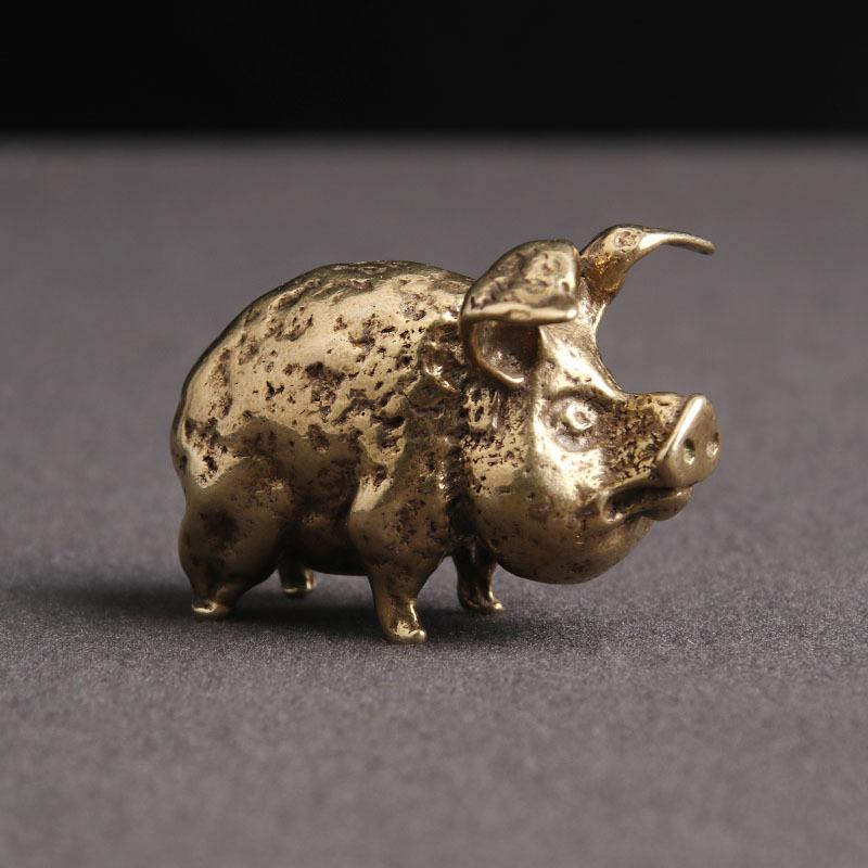 Brass Retro Twelve Zodiac Pig Living Room Decoration Simulation Mini Ornament Solid Wild Boar Personalized Car Keychain Pendant
