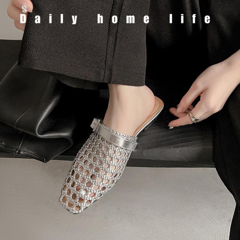 

Spring and summer new hollow hand-woven women s shoes bag head half drag versatile square head slippers one foot lazy low heel 40 серебряный