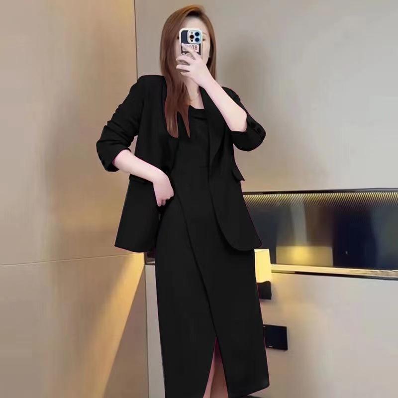 Elegant Plus Size Women's Two-Piece Suit: Spring/Autumn Camisole Dress & Jacket