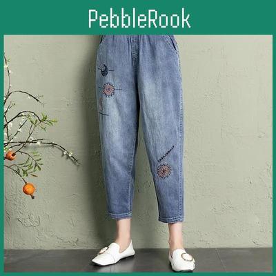 Women Summer Waist Jeans Elastic Vintage Embroidery Denim Pants Ladies Casual Retro Floral Cowboy Fashion Cropped Harem Trousers