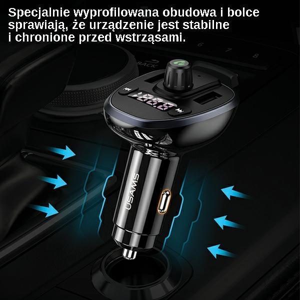Usams Zestaw Głośnomówiący C21Z Transmiterem Fm, Bluetooth 5.0, Mp3, 2Xusb 3,4A Czarny/Black Cc115Gc01 (Us-Cc115)