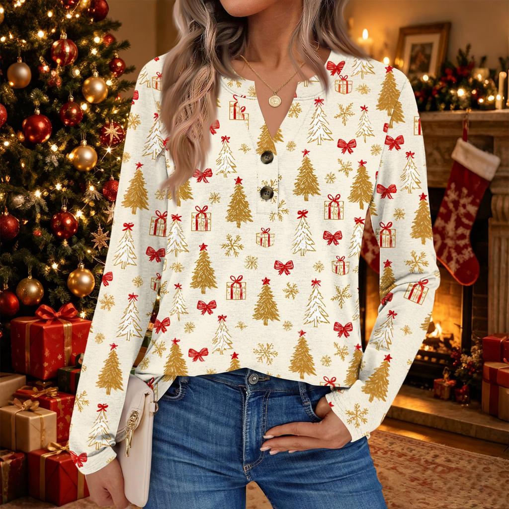 Women's Christmas Print Long Sleeve Shirt Casual Elegant Blouse for Holiday Party