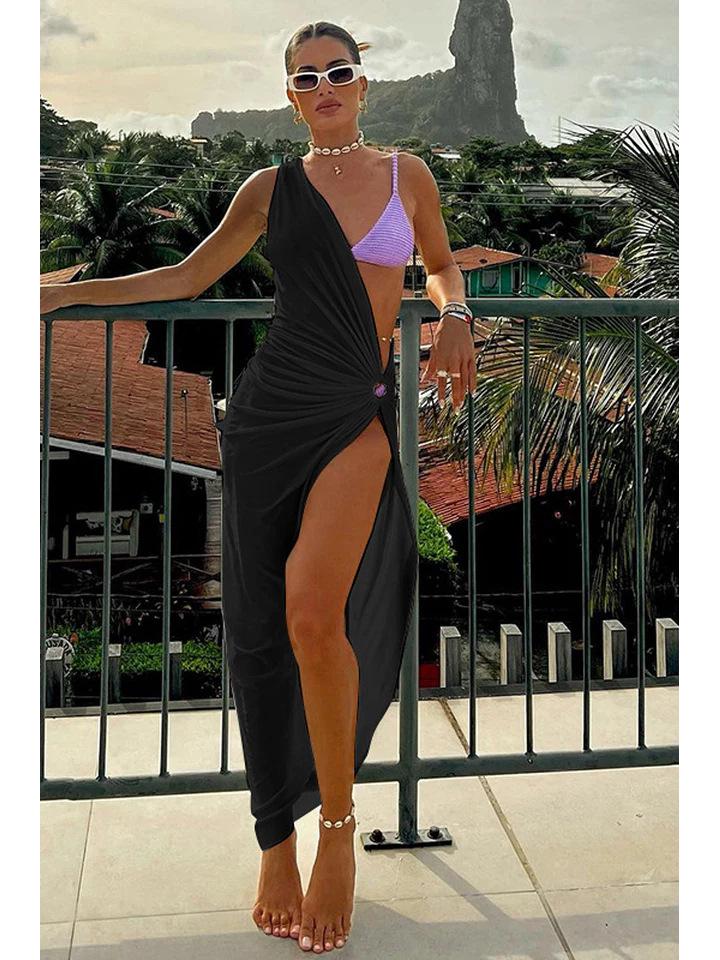 European & American 2026 Summer One-Shoulder Halter Irregular Elegant Vacation Dress Small чёрный
