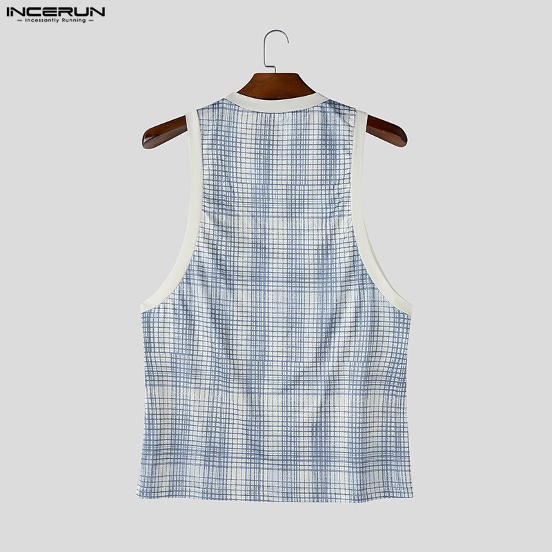 INCERUN Men Sleeveless Plaid Print Casual Sport Athletic Long Tank Tops Vest