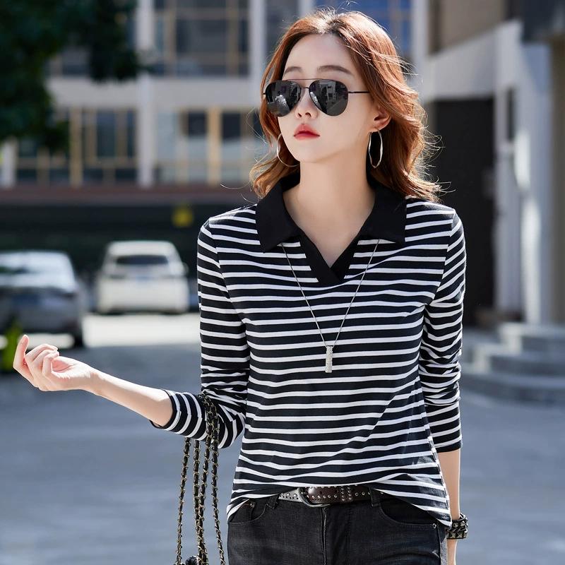 

Длинные рукава воротник ПОЛО простая верхняя одежда футболка женская нижняя рубашка весна и лето новый тонкий утягивающий однотонный цвет XS чёрный