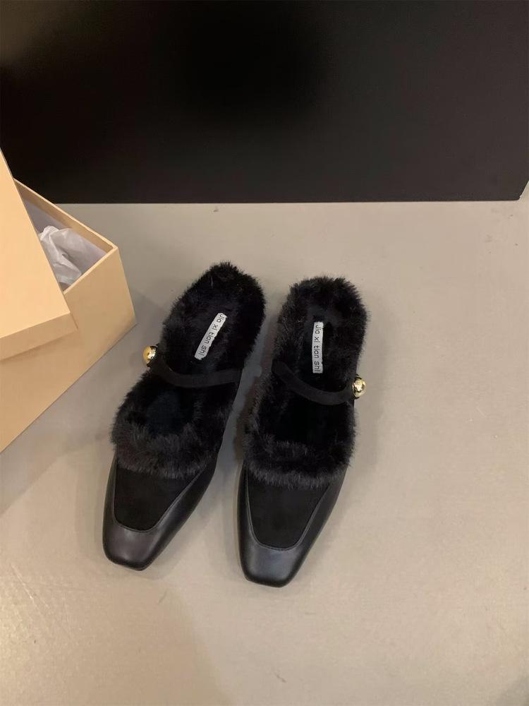 Fashion Hot Selling Shallow Mouth Square Toe Shoe Woman 2025 Elegant Casual Female Sneaker Flats Loafers Fur New Winter On Heels Stretch