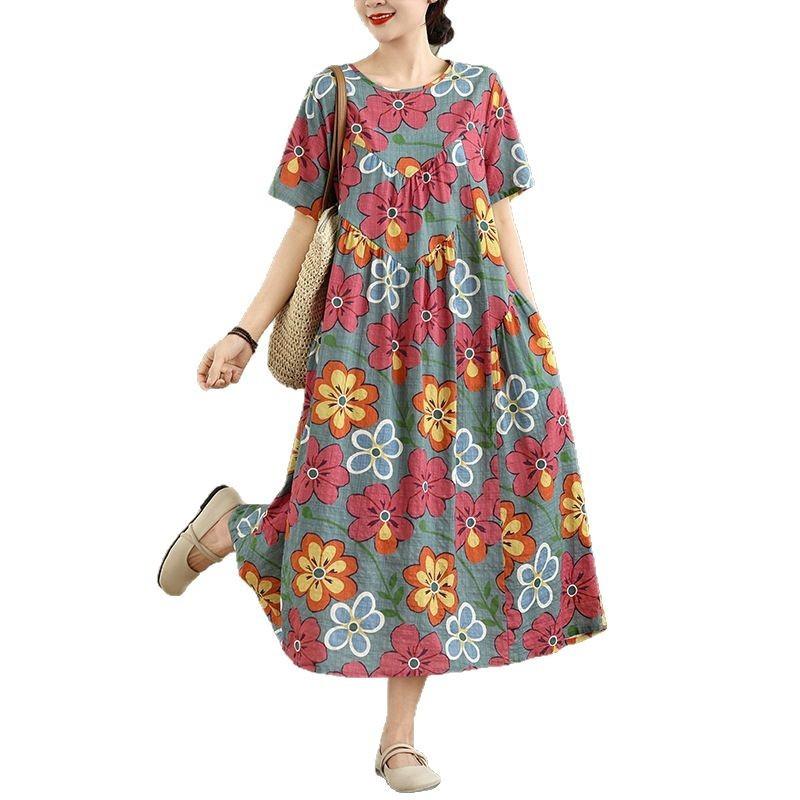 2025 léto nové retro potisk bavlna a len šaty dámské volné a tenké kulatý výstřih krátký rukáv A-střih dlouhé šaty
