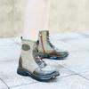 Johnature Genuine Leather Spliced Printed Fabric Women's Boots Vintage Lacing Comfortable Versatile Short Boots