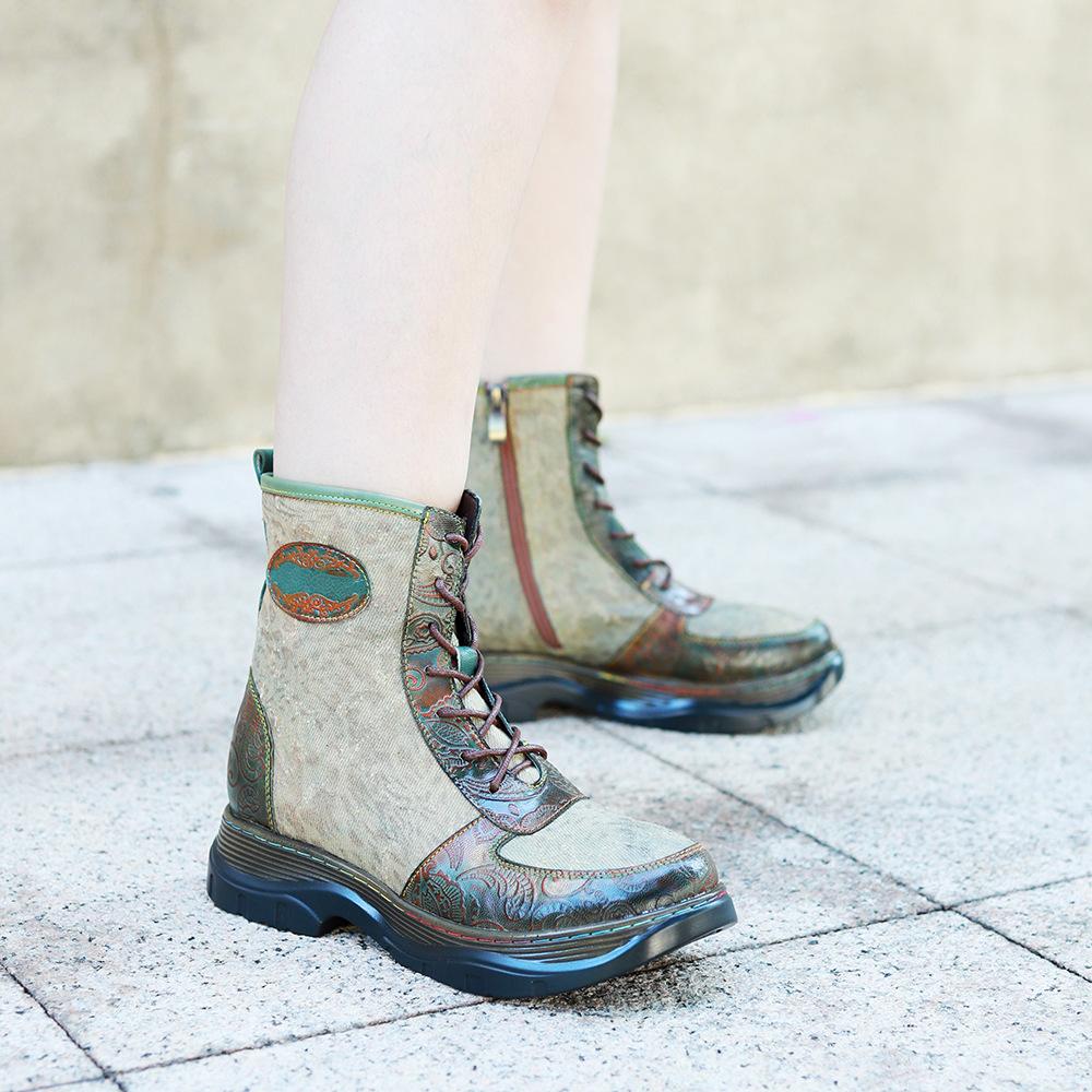 Johnature Genuine Leather Spliced Printed Fabric Women's Boots Vintage Lacing Comfortable Versatile Short Boots