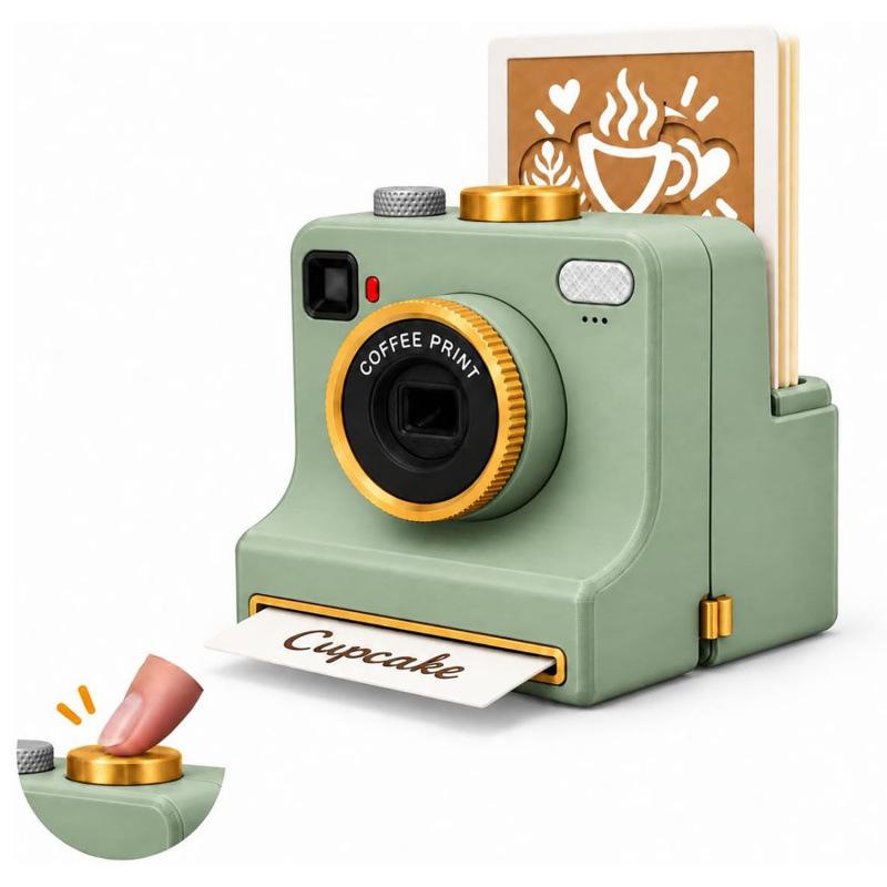 Zábavná 3D tištěná Latte kamera Vyměnitelné karty Stisk jedním dotykem DIY nástroj pro latte art Kamera Vintage vzhled Včetně šablon