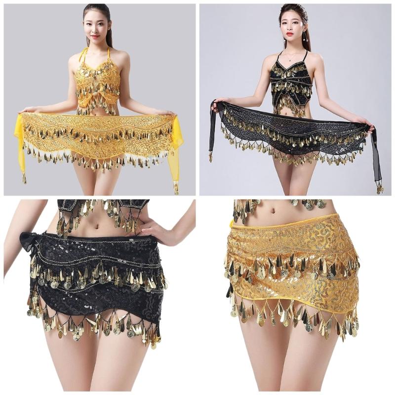 Women Belly Dance Belt Hip Scarf, Bellydance Hip Scarf Skirt Belly Dance Waist Chain with Gold Coins Belly Dance Cloth