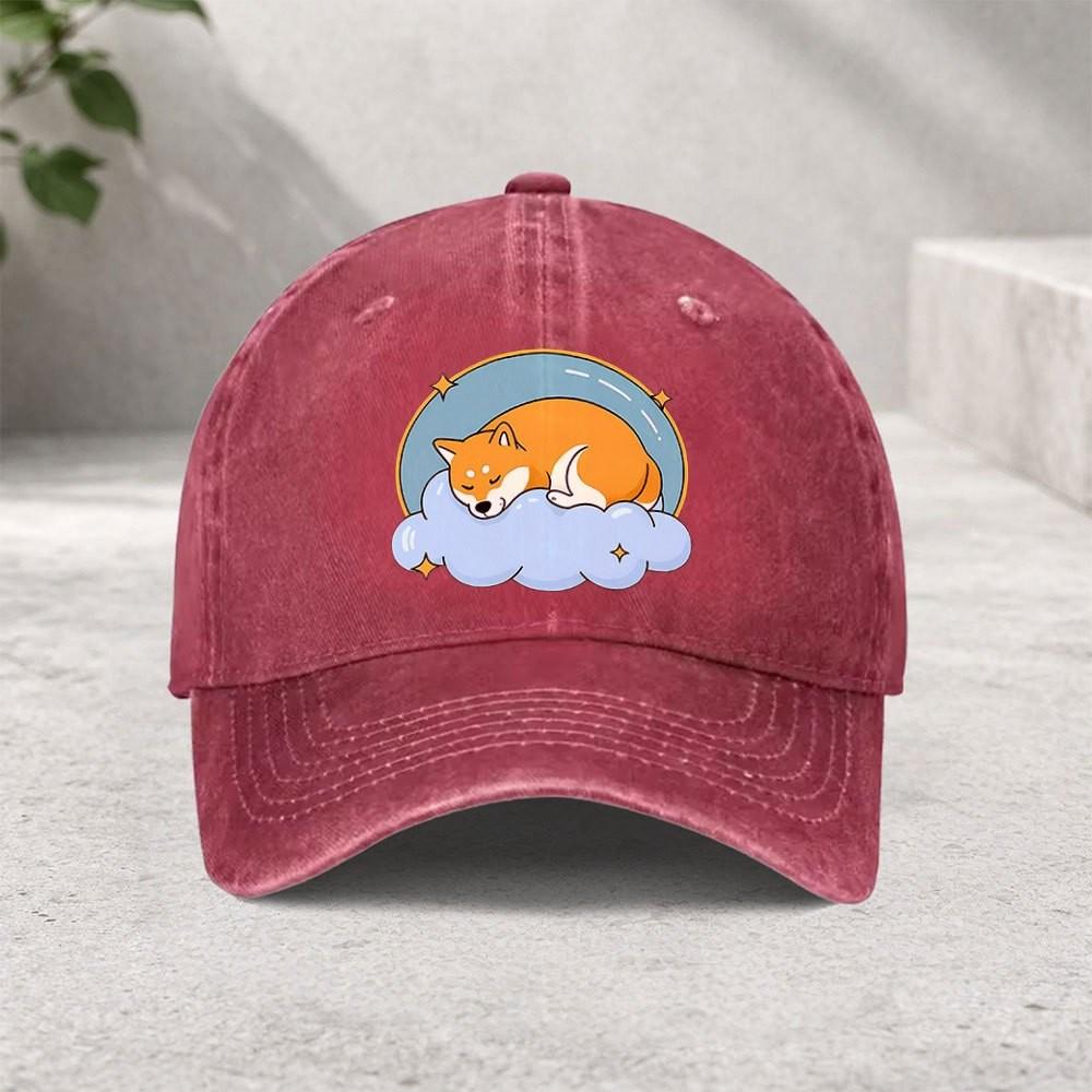 Sleeping Shiba Inu Cloud Graphic Washed Denim Baseball Cap Unisex Adjustable Outdoor Sun Hat