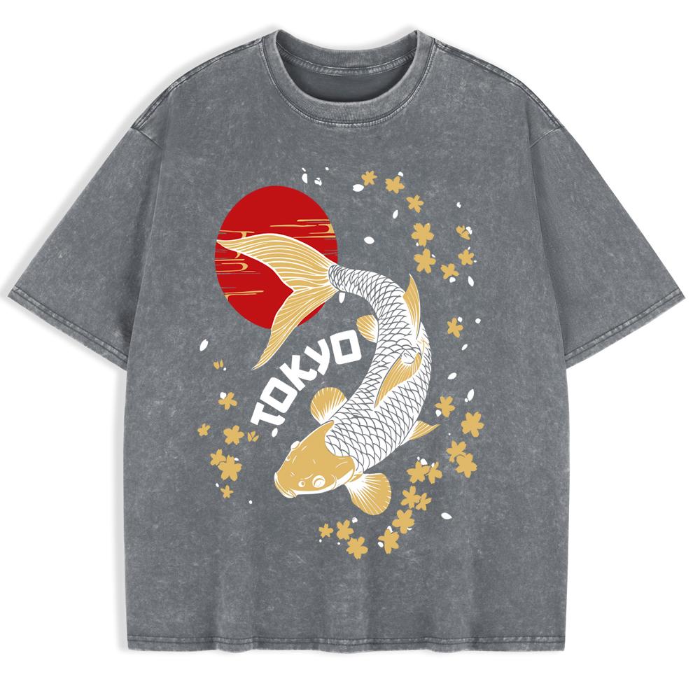 Japanese Koi Harajuku Printed Washed T-Shirts Mens Cotton Oversize T Shirt Casual O-Neck Short Sleeve Tops Summer Clothes