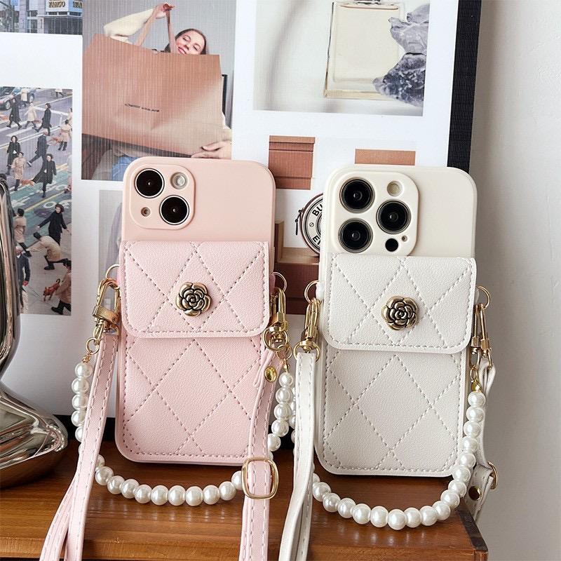Pearl Strap Case For Xiaomi Mi 15T 14T Pro 13T Redmi Note 15 15C 14C 13C 12C Wallet Card Flower Crossbody Cord Lanyard Bag Cover