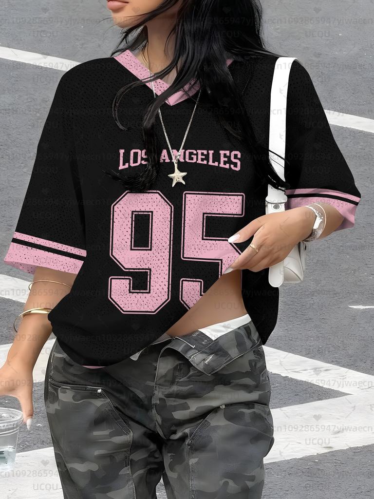 Women's Los Angeles NO.95 Print V-Neck Short Sleeve T-Shirt Summer Graphic Tee Baseball Jerseys Plus Size Sport T-Shirt