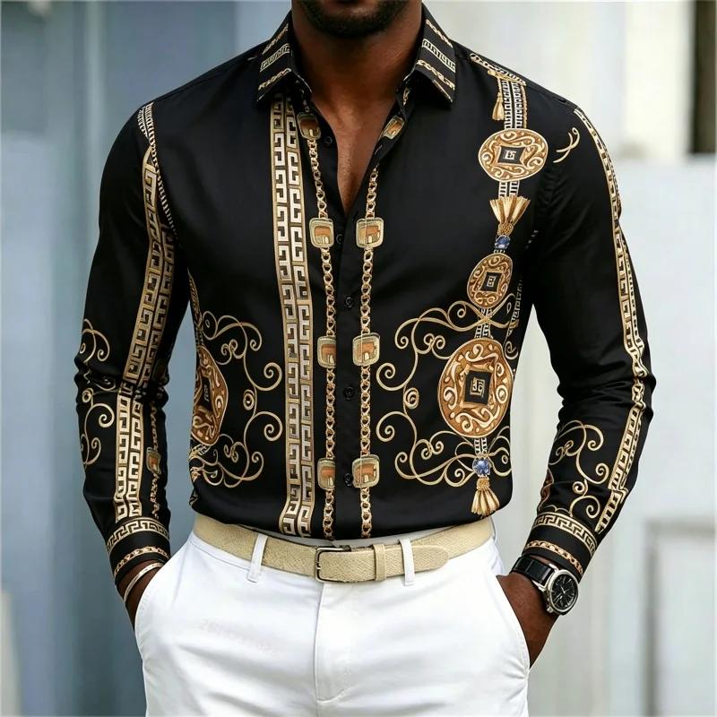 Luxury Ornate Patterned Long Sleeve Shirt, Stylish Formal-Casual Wear For Men