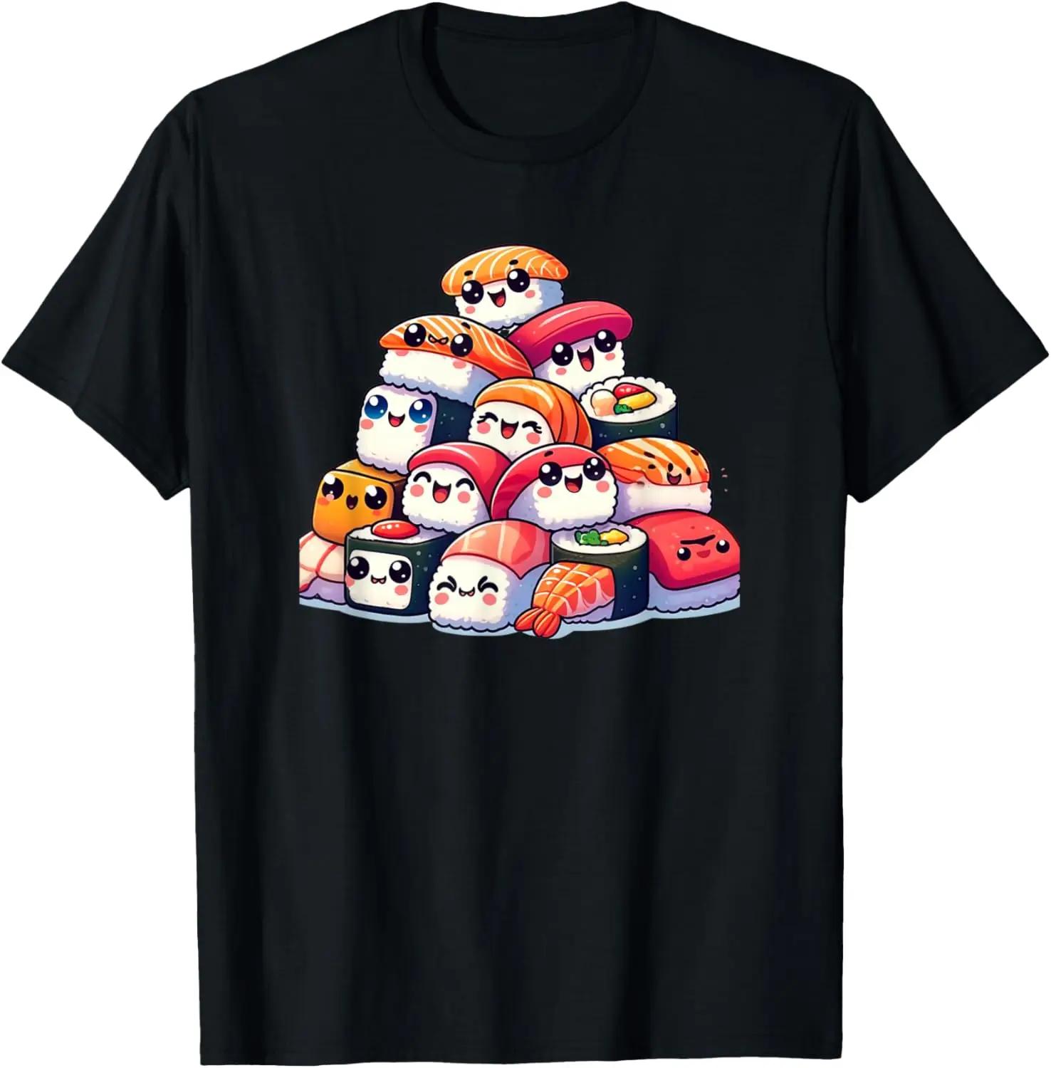 Kawaii Sushi Stack Cute Anime Graphic Tee Unisex Soft Breathable Japanese Food Lovers TShirt S
