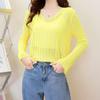 Autumn Women's Korean Version V-neck Hollowed Out Long Sleeved Knitted Sweater Loose and Fashionable Pure Short Top