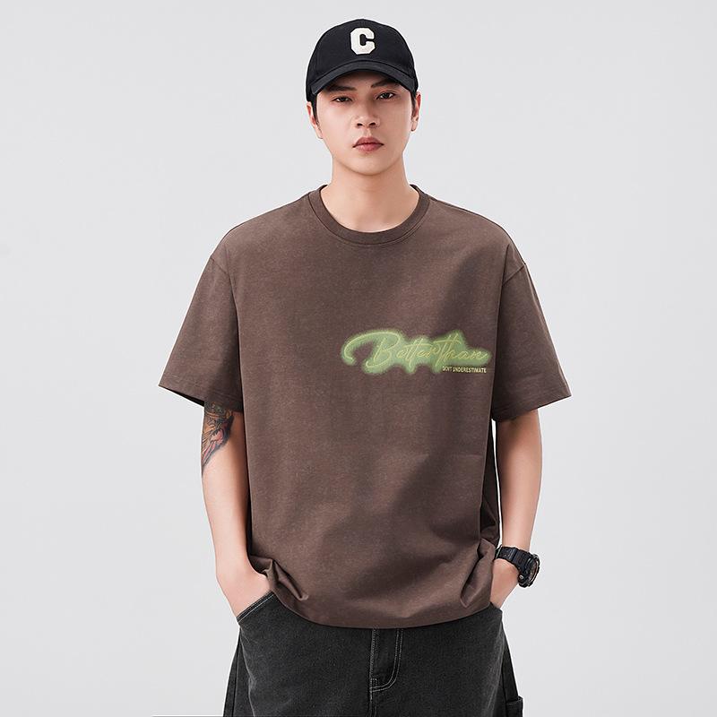 300g Heavy Pure Cotton Short-sleeved T-shirt for Men's Summer New Loose Round Neck Retro Printed Top