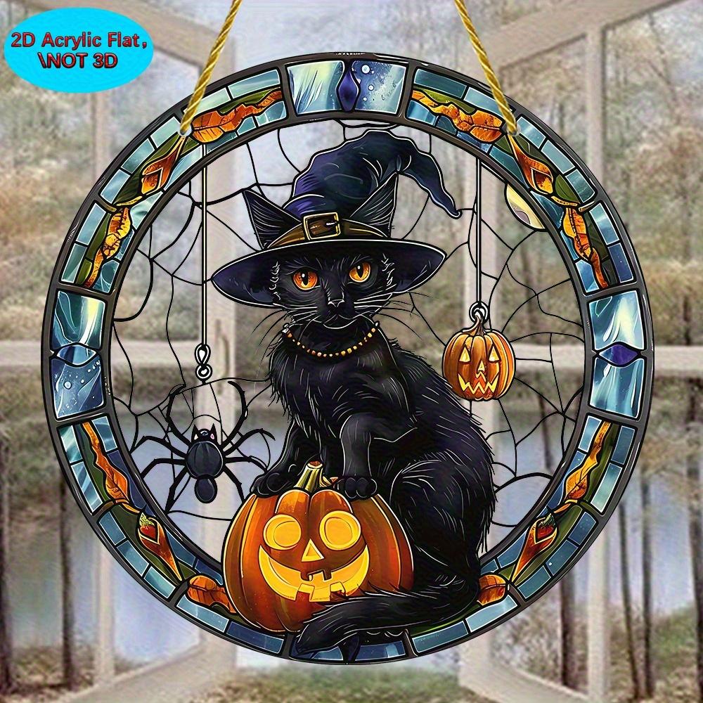 2D Flat Halloween Black Cat Acrylic Dream Catcher Pendant - Stained Glass Style Decorative Plate with Pumpkin and Spider Elements