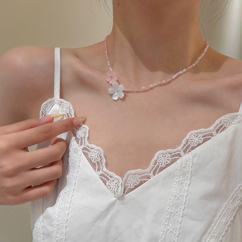 

2025 Flower Charm Beaded Necklace Women Fashion Choker Necklace Party Zircon Gift розовый
