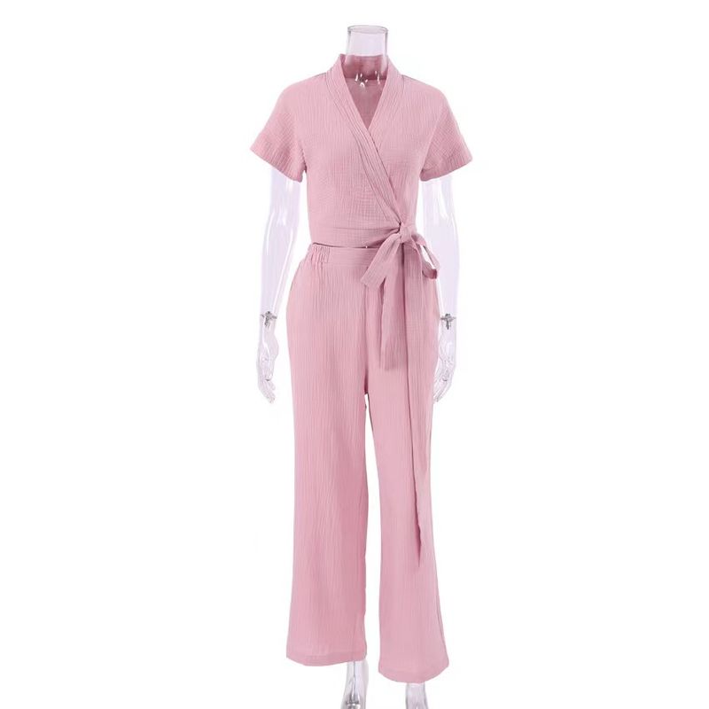 

Fashion Style Shoelace Top and Trousers Fashion Two-Piece Suit Homewear Lace up Top and Pants Set Pink S