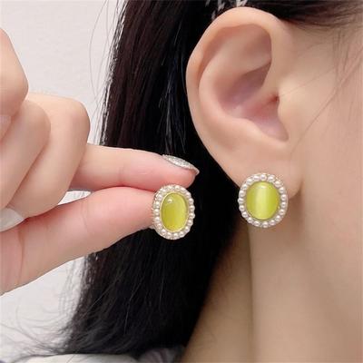 Baroque Opal Oval Imitation Pearl Stud Earring for Women French Retro Elegant Korean Sweet Ear Wedding Party Jewelry
